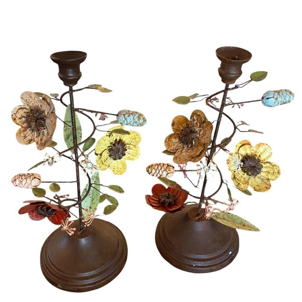 Rustic Floral colorful Metal taper Candle Holder Boho Fairycore cottagecore gift